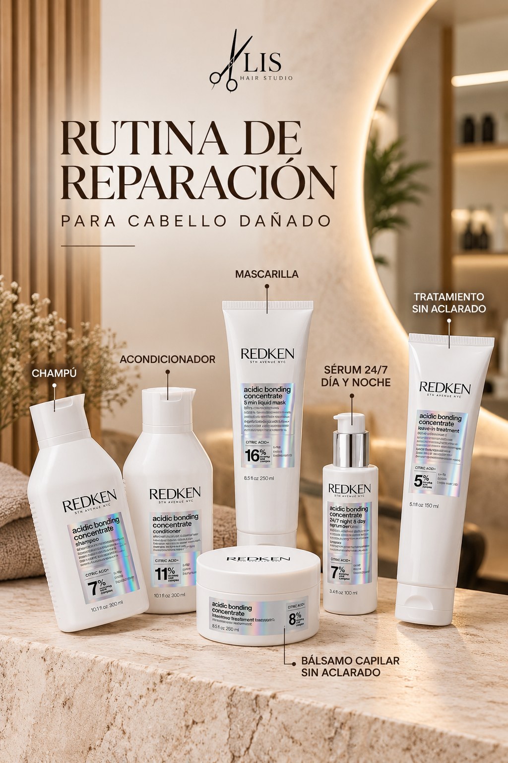 Rutina de reparación Redken Acidic Bonding Concentrate para cabello dañado, LIS Hair Studio